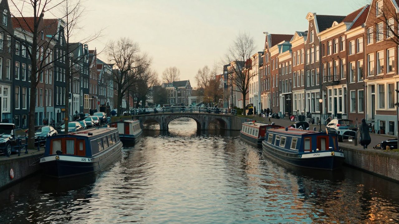Amsterdam canal in morning light with cyclist on bridge