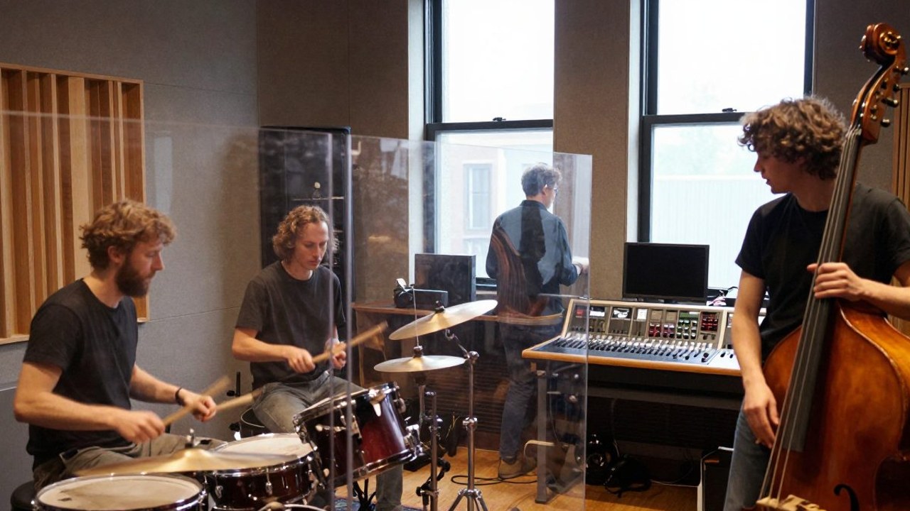 Band and engineer discuss schedule at studio table