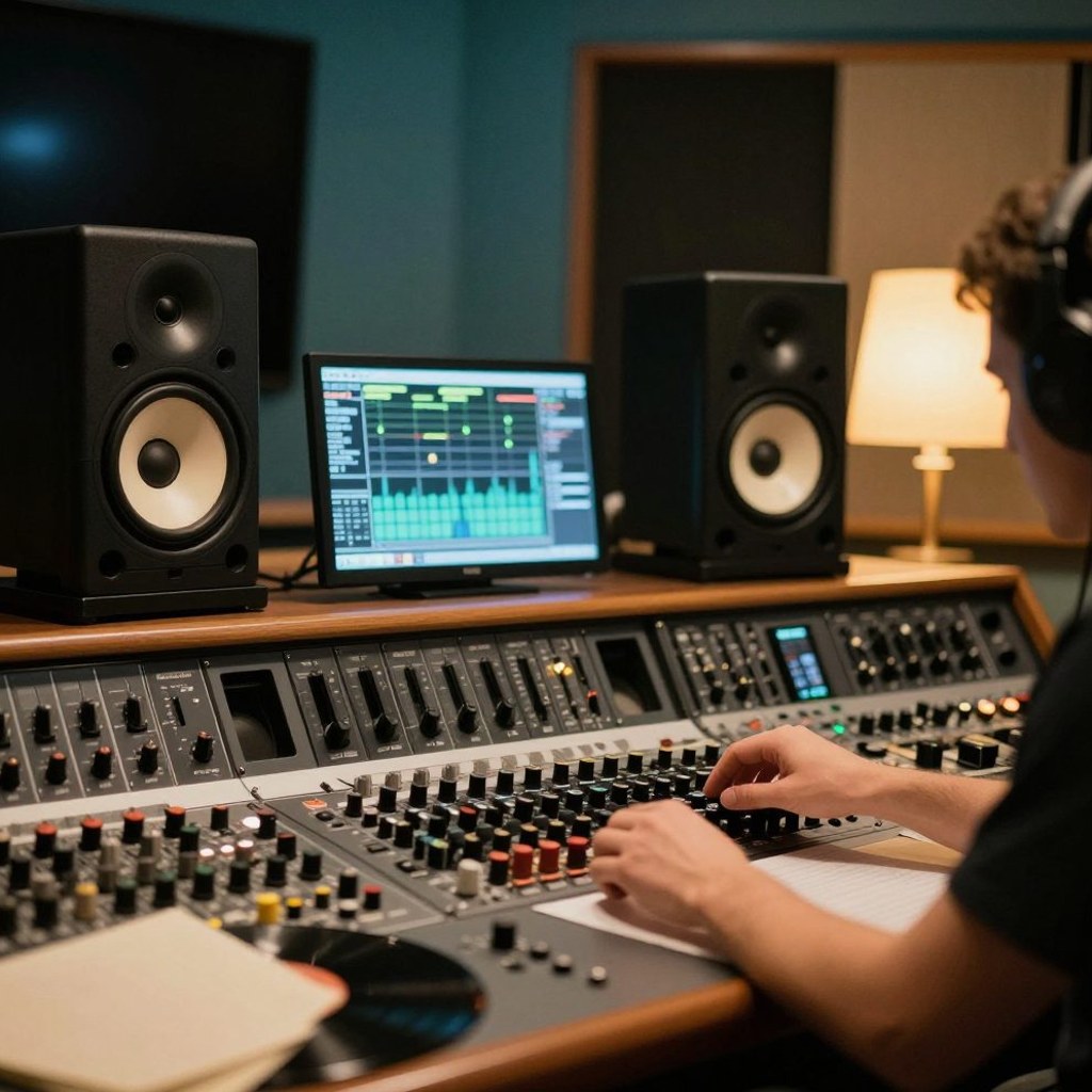 Mastering engineer A-B listening on monitors, client on sofa