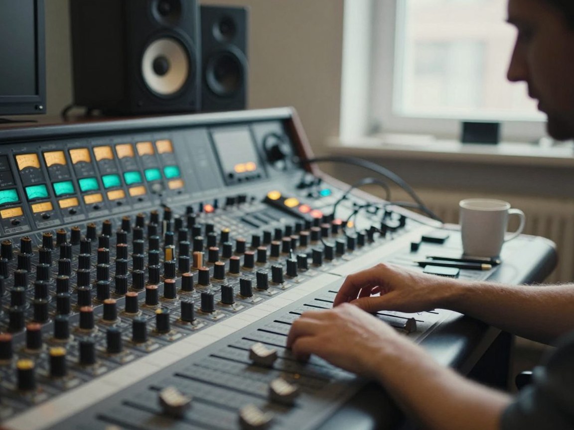 Engineer exports stems at desk, screen out of focus
