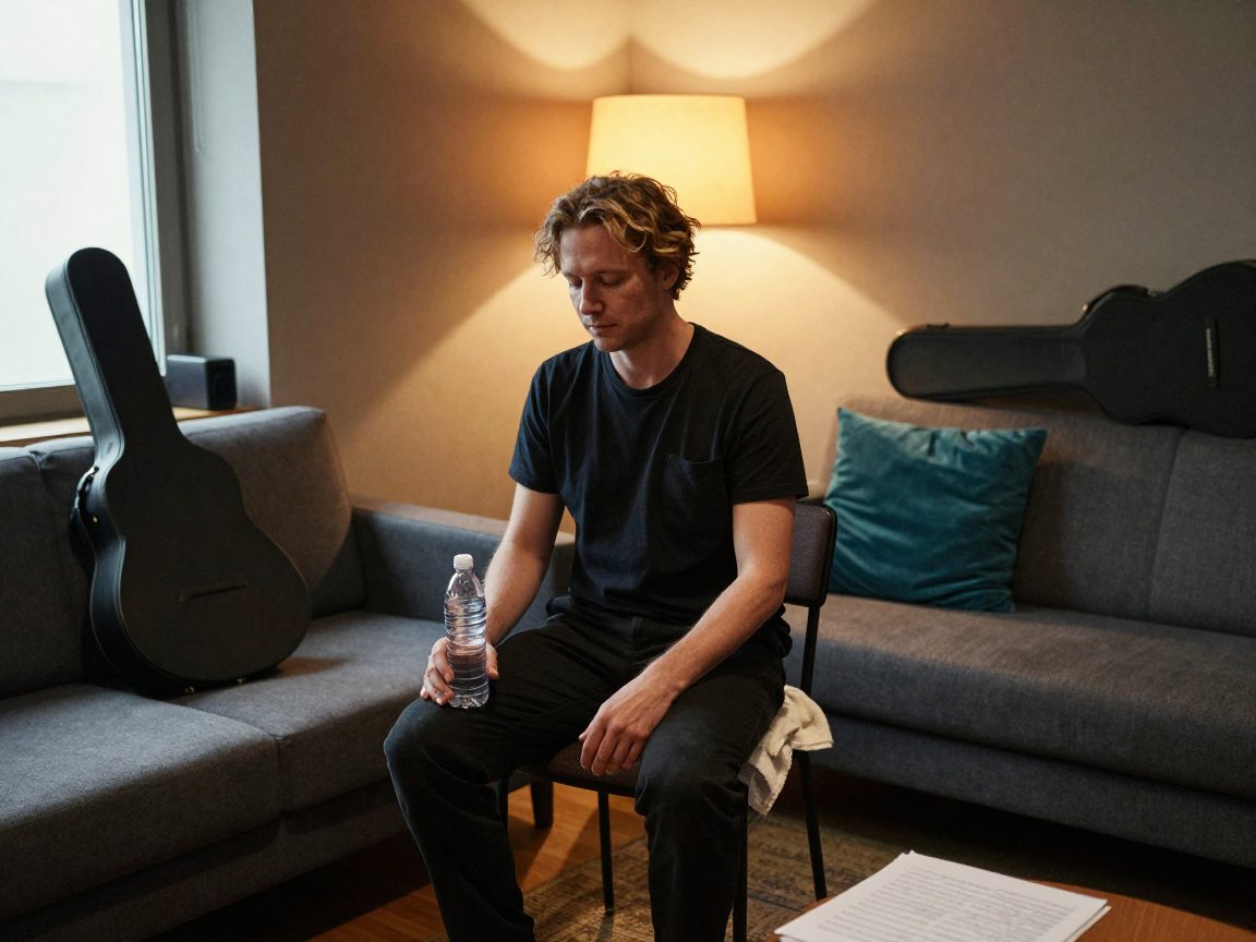 Vocalist warming up in studio lounge with water bottle