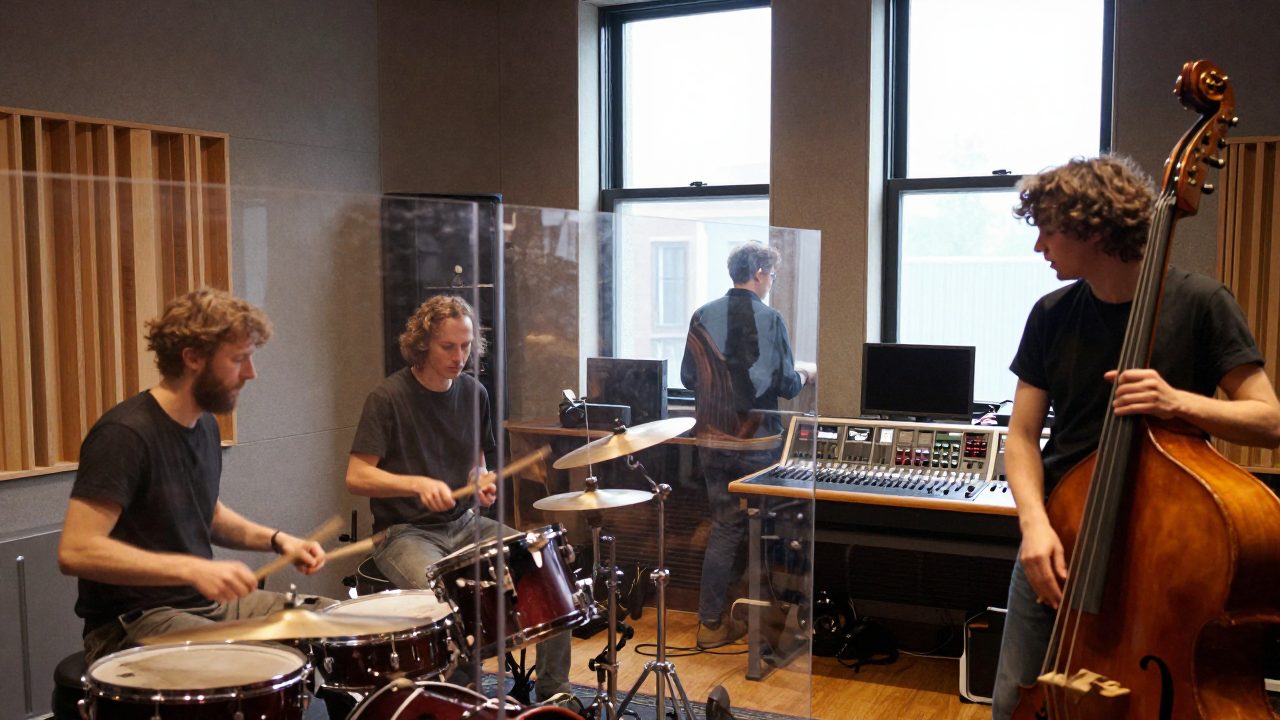 Band speelt live in opnamestudio met engineer op de achtergrond