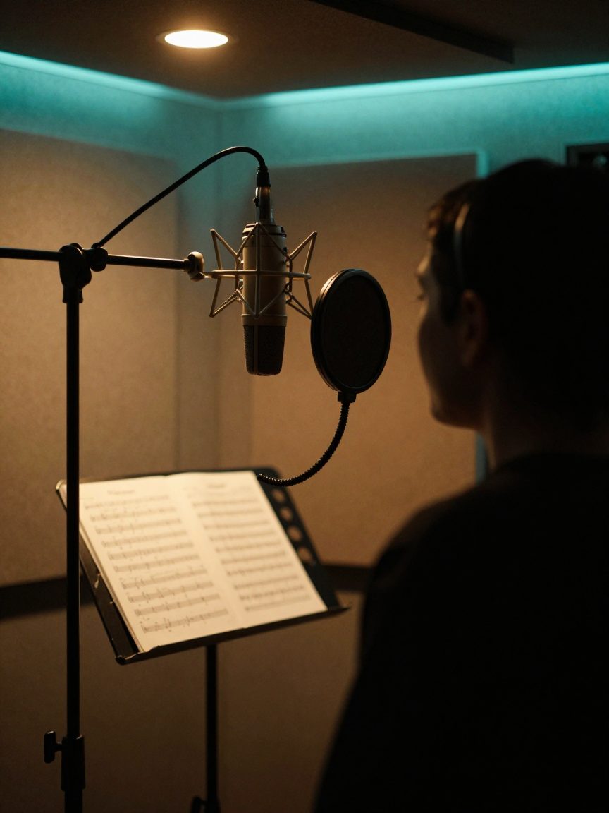 Vocalbooth met microfoon en popfilter, zanger van achteren