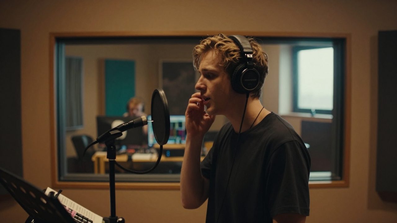 Singer with headphones in booth, engineer behind glass