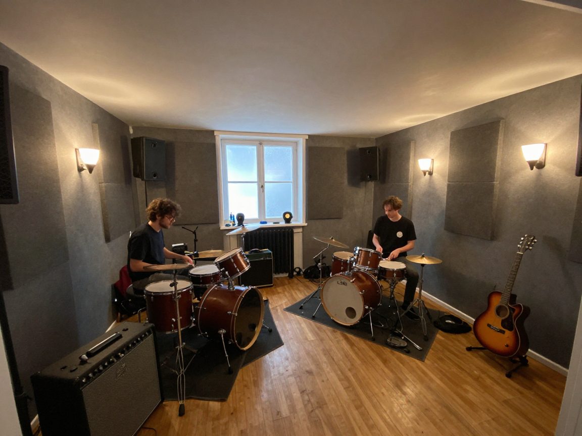 Live room met drums, bas en gitaren, band stemt af