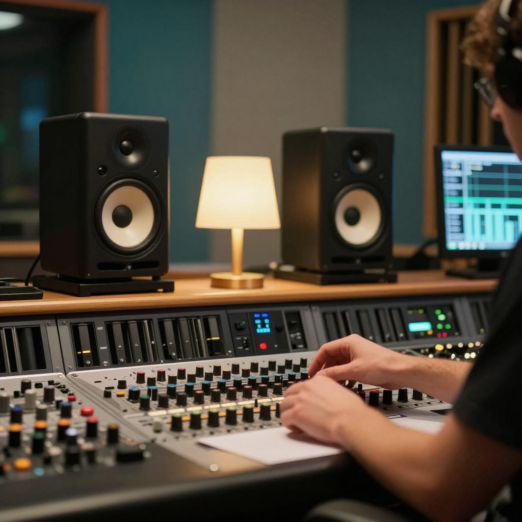 Mastering-setup met grote monitors en outboard