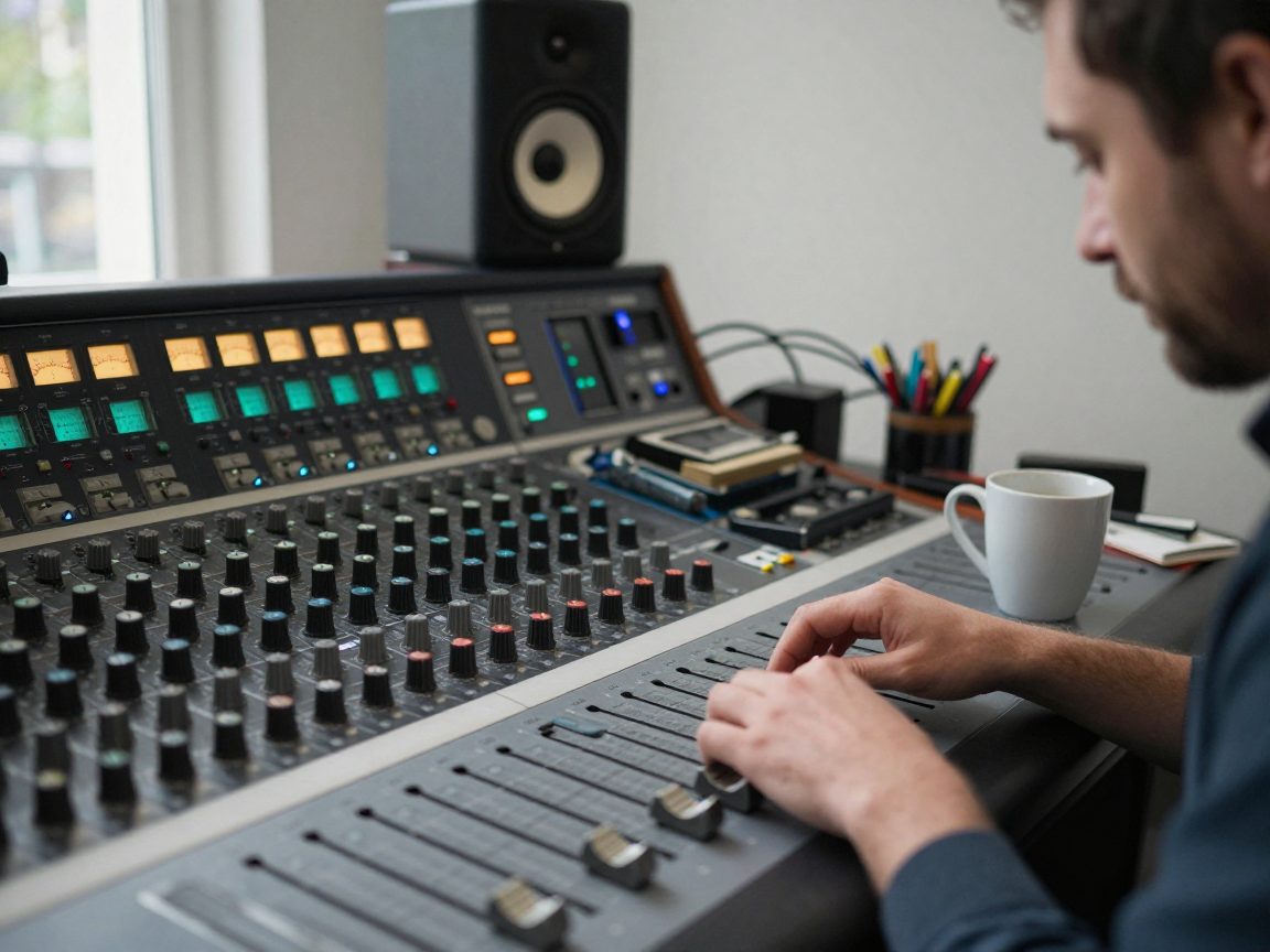 Mix-engineer aan mengtafel met meters en monitors