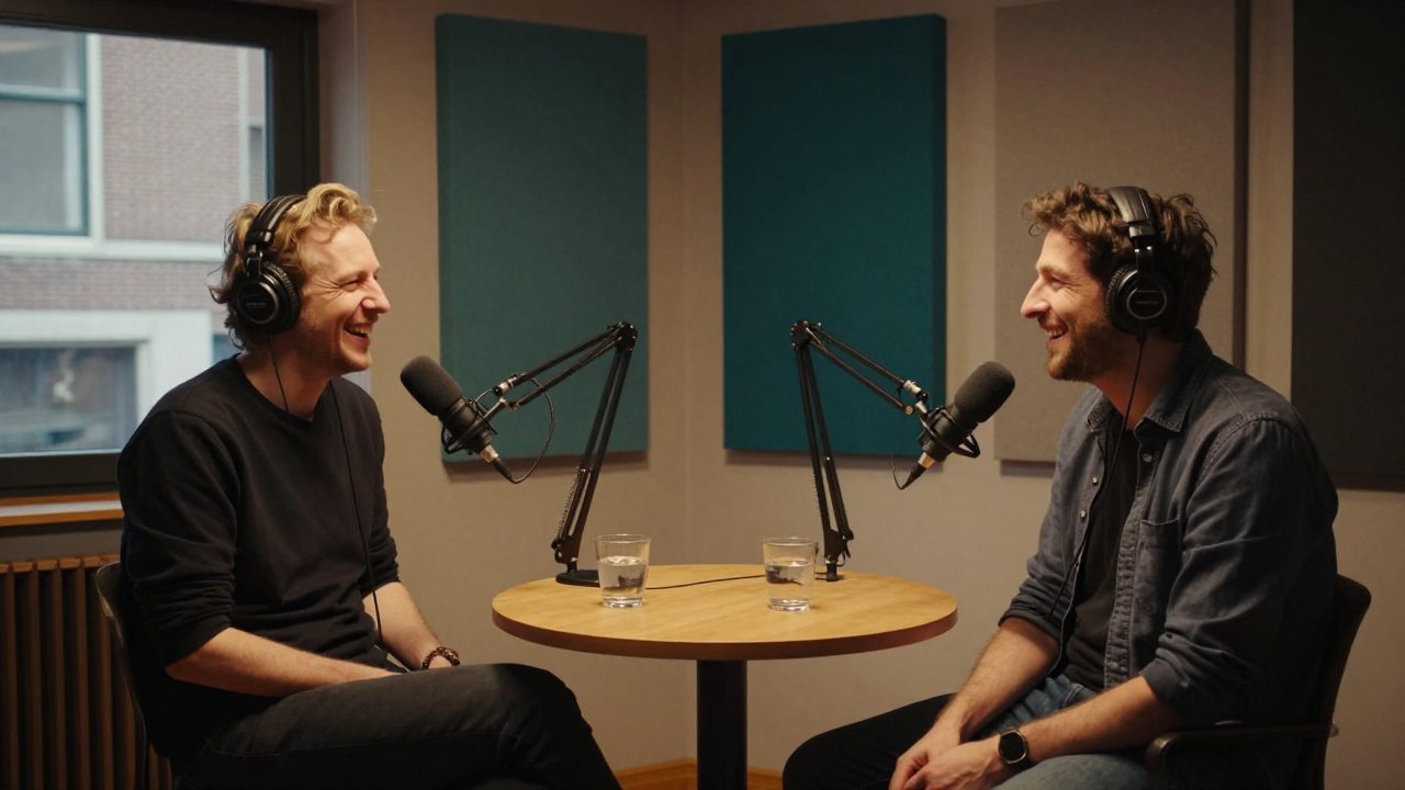 Twee podcasters met microfoons en koptelefoons aan tafel