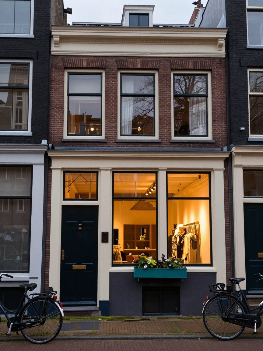 Straatgevel met studio-deur en fietsen in Amsterdam