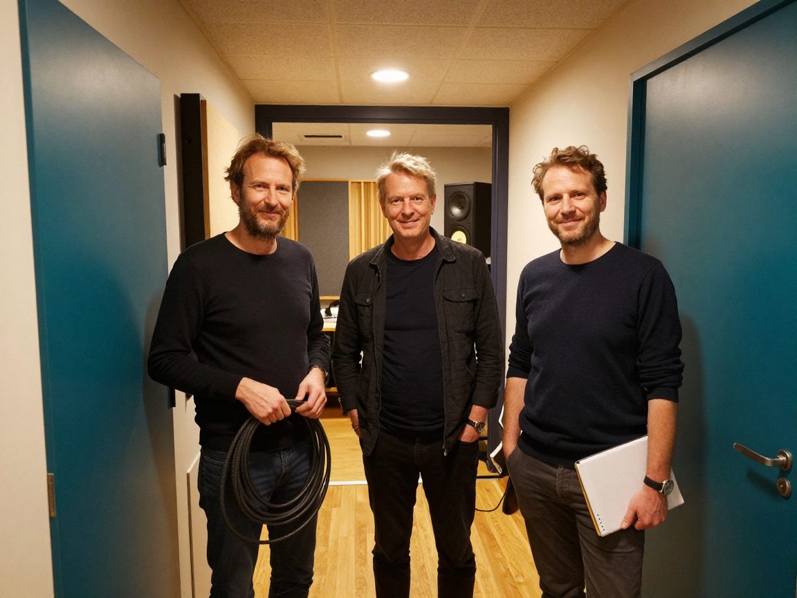 Drie studio-medewerkers in de gang van de opnamestudio